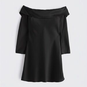 A&F Long Sleeve Off-The-Shoulder Black Satin Mini Dress
